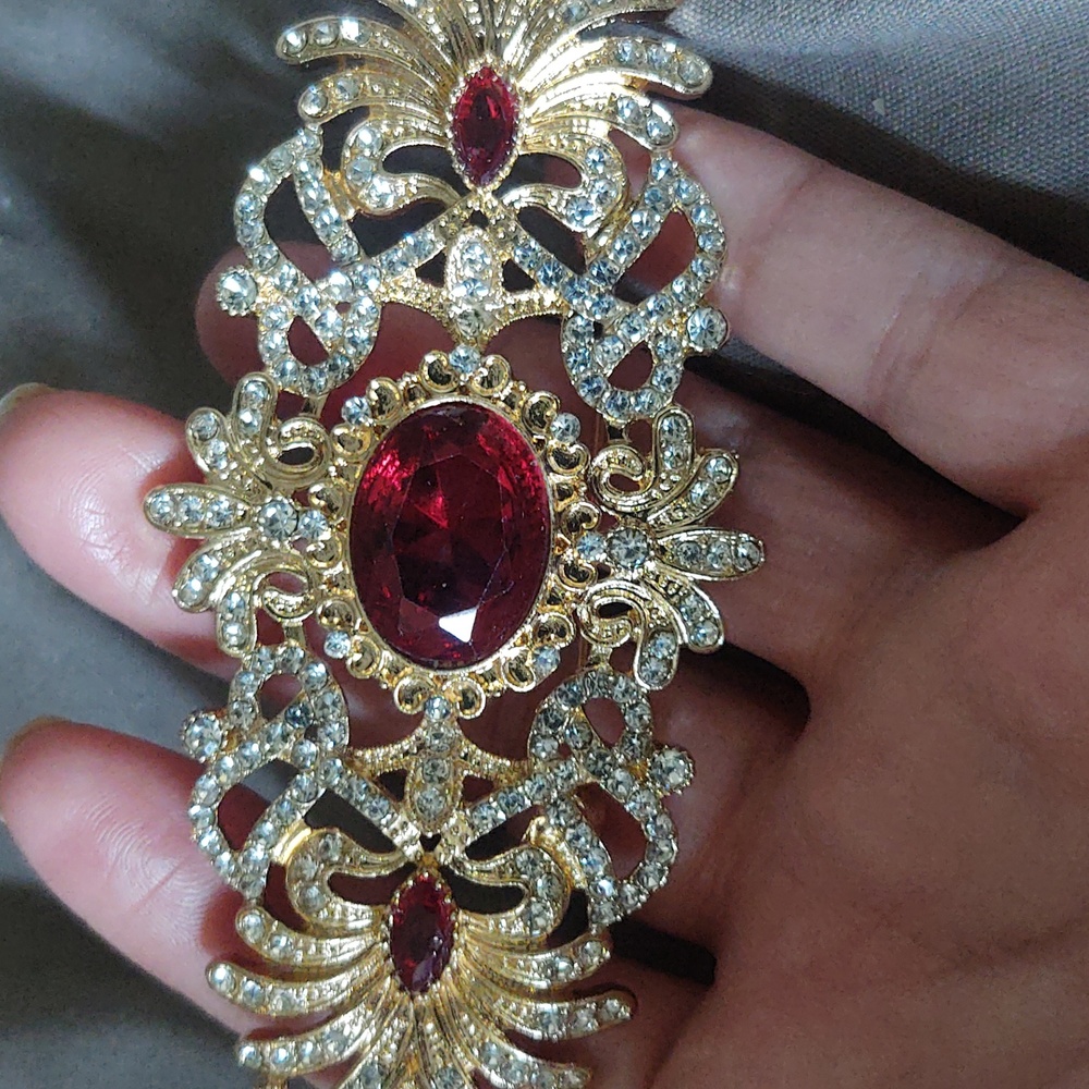 Red Rhinestone Bar Statement Brooch - image 3